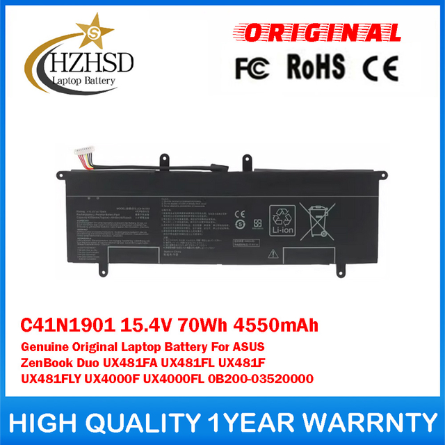 C41N1901 15.4V 70Wh 4550mAh Genuine Original Laptop Battery For ASUS ZenBook Duo UX481FA UX481FL UX481F UX481FLY UX4000F UX4000FL 0B200-03520000