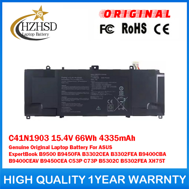 C41N1903 15.4V 66Wh 4335mAh Genuine Original Laptop Battery For ASUS ExpertBook B9500 B9450FA B3302CEA B3302FEA B9400CBA B9400CEAV B9450CEA C53P C73P B5302C B5302FEA XH75T