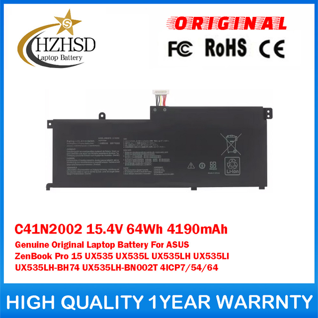 C41N2002 15.4V 64Wh 4190mAh Genuine Original Laptop Battery For ASUS ZenBook Pro 15 UX535 UX535L UX535LH UX535LI UX535LH-BH74 UX535LH-BN002T 4ICP7/54/64