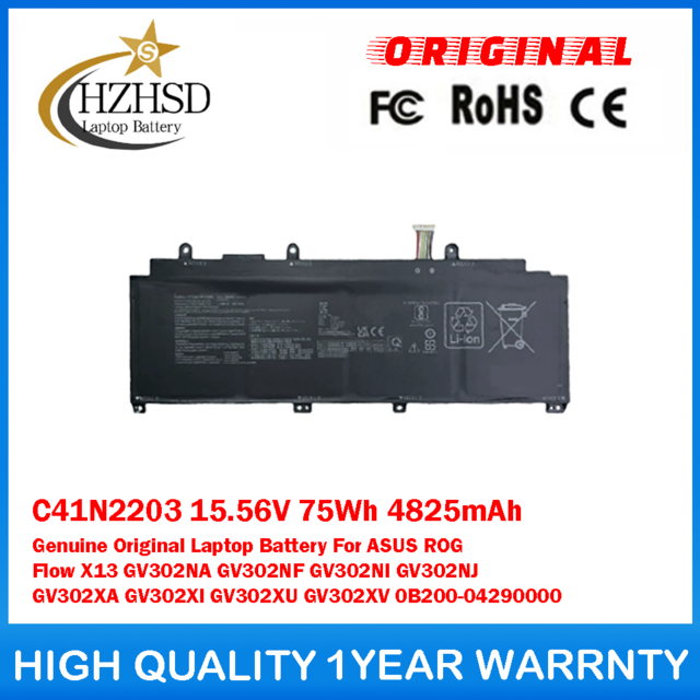 C41N2203 15.56V 75Wh 4825mAh Genuine Original Laptop Battery For ASUS ROG Flow X13 GV302NA GV302NF GV302NI GV302NJ GV302XA GV302XI GV302XU GV302XV 0B200-04290000