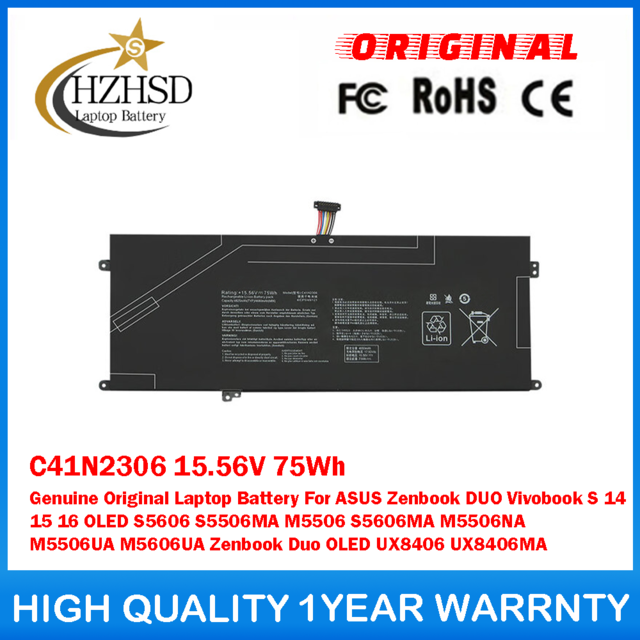 C41N2306 15.56V 75Wh Genuine Original Laptop Battery For ASUS Zenbook DUO Vivobook S 14 15 16 OLED S5606 S5506MA M5506 S5606MA M5506NA M5506UA M5606UA OLED UX8406 UX8406MA