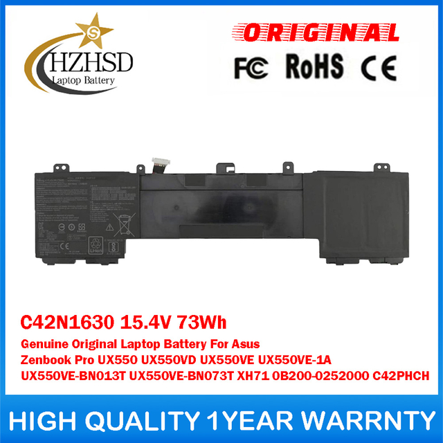 C42N1630 15.4V 73Wh Genuine Original Laptop Battery For Asus Zenbook Pro UX550 UX550VD UX550VE UX550VE-1A UX550VE-BN013T UX550VE-BN073T XH71 0B200-0252000 C42PHCH