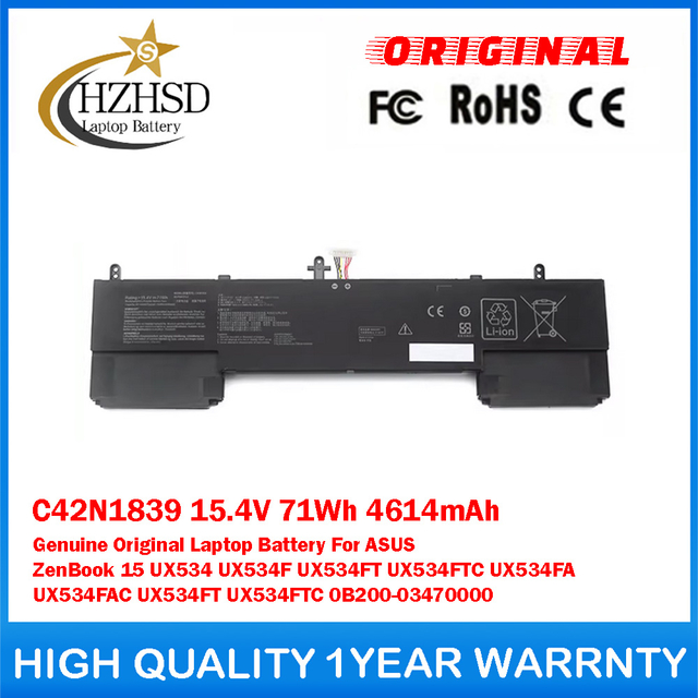 C42N1839 15.4V 71Wh 4614mAh Genuine Original Laptop Battery For ASUS ZenBook 15 UX534 UX534F UX534FT UX534FTC UX534FA UX534FAC UX534FT UX534FTC 0B200-03470000