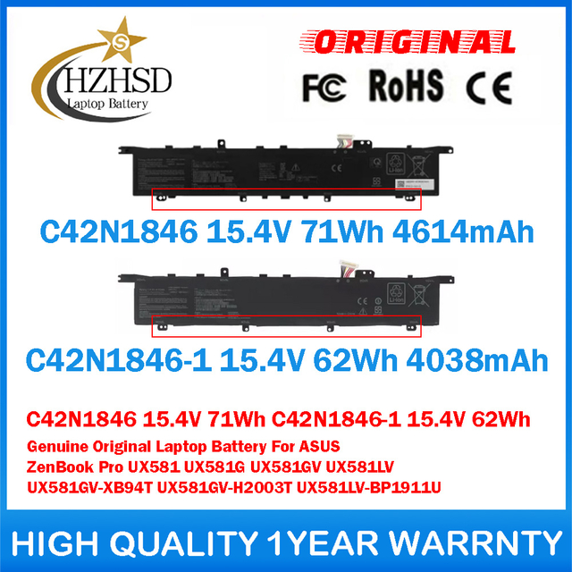 C42N1846 15.4V 71Wh C42N1846-1 15.4V 62Wh Genuine Original Laptop Battery For ASUS ZenBook Pro UX581 UX581G UX581GV UX581LV UX581GV-XB94T UX581GV-H2003T UX581LV-BP1911U