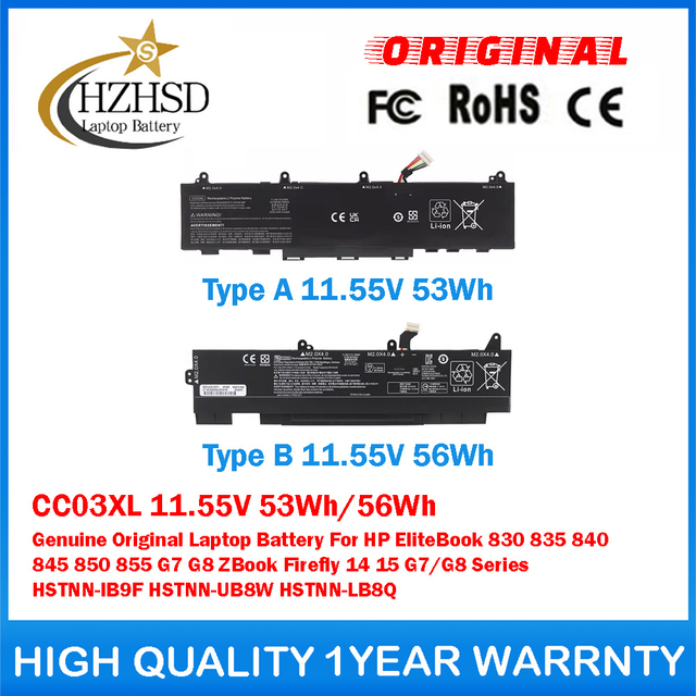 CC03XL 11.55V 53Wh/56Wh Genuine Original Laptop Battery For HP EliteBook 830 835 840 845 850 855 G7 G8 ZBook Firefly 14 15 G7/G8 Series HSTNN-IB9F HSTNN-UB8W HSTNN-LB8Q
