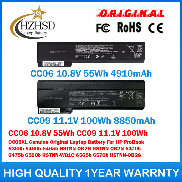 CC06 10.8V 55Wh CC09 11.1V 100Wh CC06XL Genuine Original Laptop Battery For HP ProBook 6360B 6460B 6465B HSTNN-OB2H HSTNN-OB2N 6470B 6475B 6560B HSTNN-W81C 6565b 6570b HSTNN-OB2G