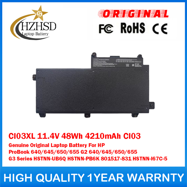 CI03XL 11.4V 48Wh 4210mAh CI03 Genuine Original Laptop Battery For HP ProBook 640/645/650/655 G2 640/645/650/655 G3 Series HSTNN-UB6Q HSTNN-PB6K 801517-831 HSTNN-I67C-5