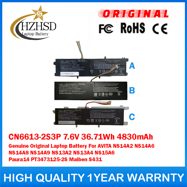 CN6613-2S3P 7.6V 36.71Wh 4830mAh Genuine Original Laptop Battery For AVITA NS14A2 NS14A6 NS14A8 NS14A9 NS13A2 NS13A4 NS15A6 Paura14 PT3473125-2S Maiben S431