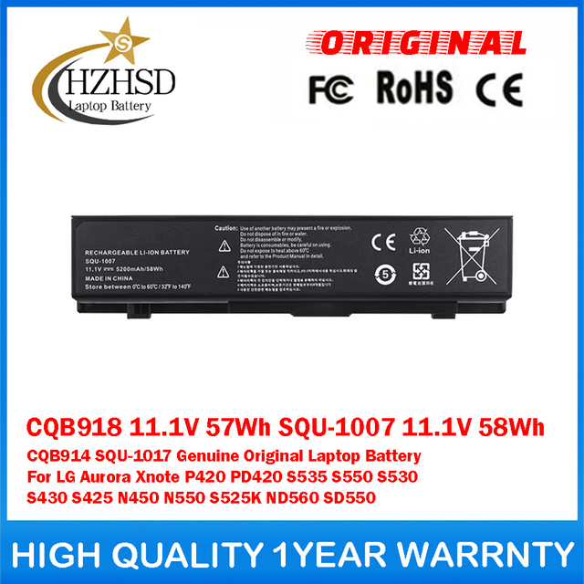 CQB918 11.1V 57Wh SQU-1007 11.1V 58Wh CQB914 SQU-1017 Genuine Original Laptop Battery For LG Aurora Xnote P420 PD420 S535 S550 S530 S430 S425 N450 N550 S525K ND560 SD550
