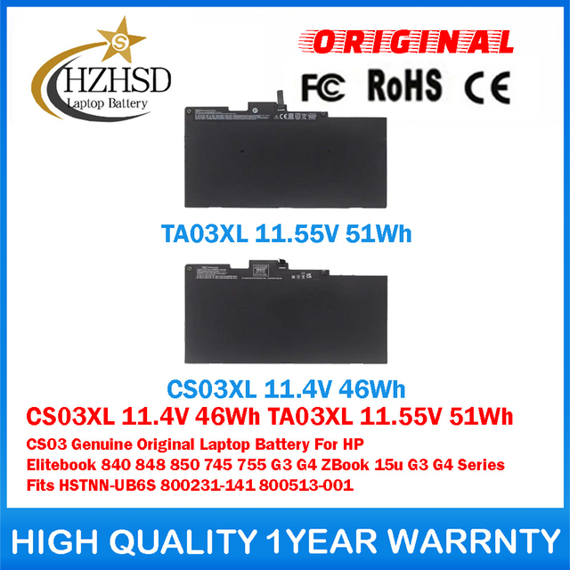 CS03XL 11.4V 46Wh TA03XL 11.55V 51Wh CS03 Genuine Original Laptop Battery For HP Elitebook 840 848 850 745 755 G3 G4 ZBook 15u G3 G4 Series Fits HSTNN-UB6S 800231-141 800513-001