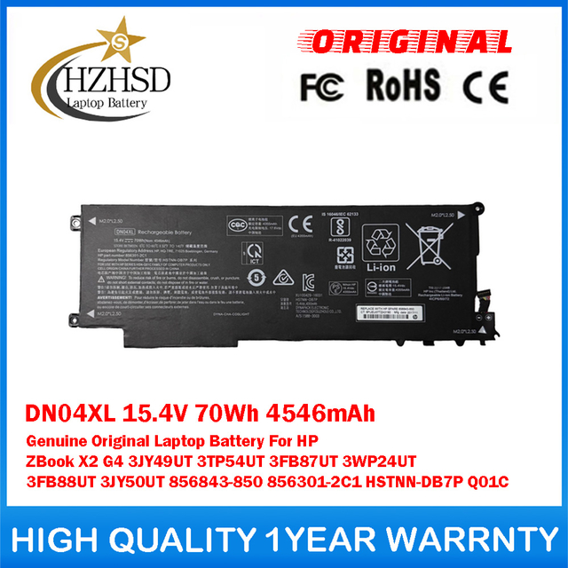 DN04XL 15.4V 70Wh 4546mAh Genuine Original Laptop Battery For HP ZBook X2 G4 3JY49UT 3TP54UT 3FB87UT 3WP24UT 3FB88UT 3JY50UT 856843-850 856301-2C1 HSTNN-DB7P Q01C