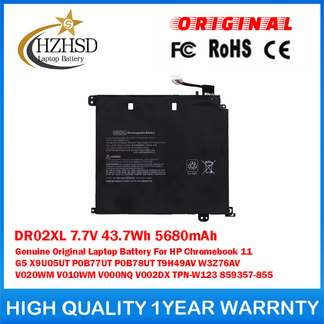 DR02XL 7.7V 43.7Wh 5680mAh Genuine Original Laptop Battery For HP Chromebook 11 G5 X9U05UT P0B77UT P0B78UT T9H49AV W3Z76AV V020WM V010WM V000NQ V002DX TPN-W123 859357-855