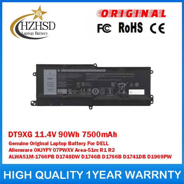 DT9XG 11.4V 90Wh 7500mAh Genuine Original Laptop Battery For DELL Alienware 0KJYFY 07PWXV Area-51m R1 R2 ALWA51M-1766PB D1748DW D1746B D1766B D1741DB D1969PW