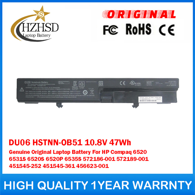 DU06 HSTNN-OB51 10.8V 47Wh Genuine Original Laptop Battery For HP Compaq 6520 6531S 6520S 6520P 6535S 572186-001 572189-001 451545-252 451545-361 456623-001