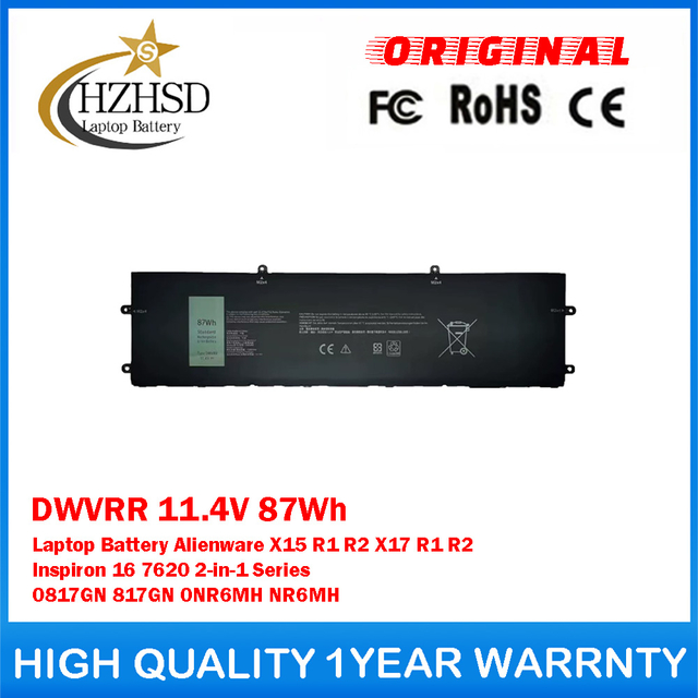 DWVRR 11.4V 87Wh Genuine Original Laptop Battery For DELL Alienware X15 R1 R2 X17 R1 R2 Inspiron 16 7620 2-in-1 Series 0817GN 817GN 0NR6MH NR6MH