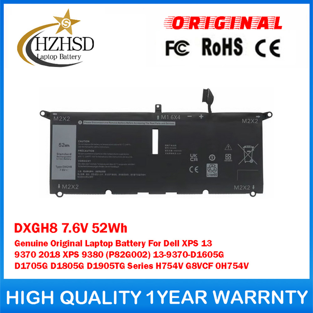DXGH8 7.6V 52Wh Genuine Original Laptop Battery For Dell XPS 13 9370 2018 XPS 9380 (P82G002) 13-9370-D1605G D1705G D1805G D1905TG Series H754V G8VCF 0H754V