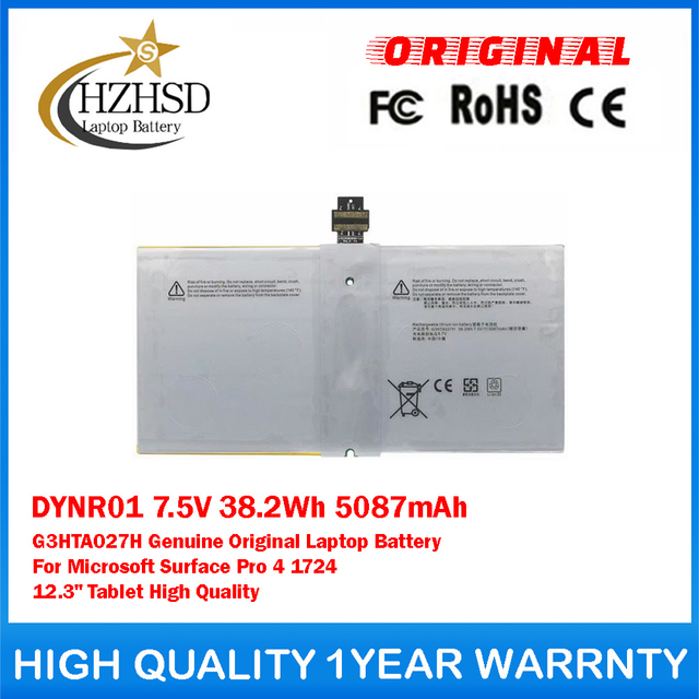 DYNR01 7.5V 38.2Wh 5087mAh G3HTA027H Genuine Original Laptop Battery For Microsoft Surface Pro 4 1724 12.3