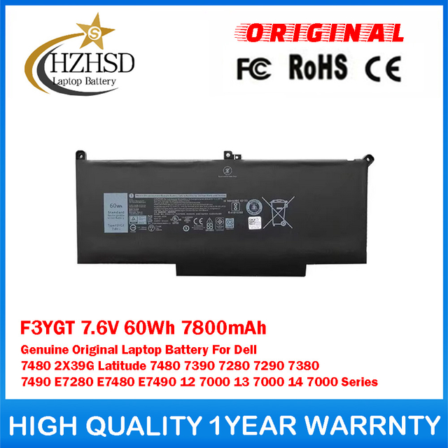 F3YGT 7.6V 60Wh 7800mAh Genuine Original Laptop Battery For Dell 7480 2X39G Latitude 7480 7390 7280 7290 7380 7490 E7280 E7480 E7490 12 7000 13 7000 14 7000 Series