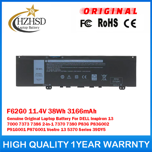F62G0 11.4V 38Wh 3166mAh Genuine Original Laptop Battery For DELL Inspiron 13 7000 7373 7386 2-in-1 7370 7380 P83G P83G002 P91G001 P87G001 Vostro 13 5370 Series 39DY5