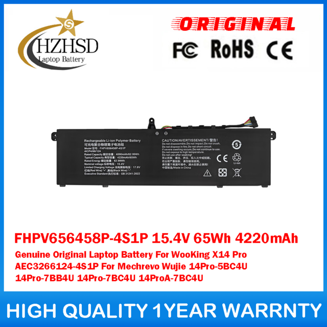 FHPV656458P-4S1P 15.4V 65Wh 4220mAh Genuine Original Laptop Battery For Mechrevo Wujie 14Pro-5BC4U 14Pro-7BB4U 14Pro-7BC4U 14ProA-7BC4U For WooKing X14 Pro AEC3266124-4S1P