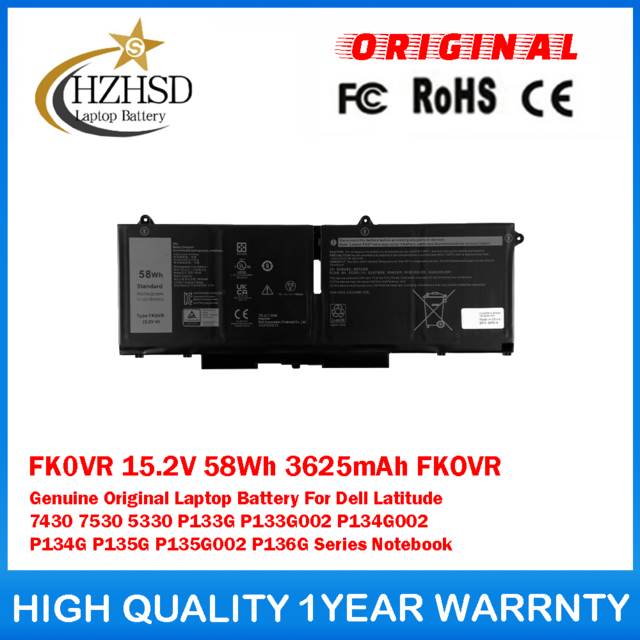 FK0VR 15.2V 58Wh 3625mAh FKOVR Genuine Original Laptop Battery For Dell Latitude 7430 7530 5330 P133G P133G002 P134G002 P134G P135G P135G002 P136G Series Notebook