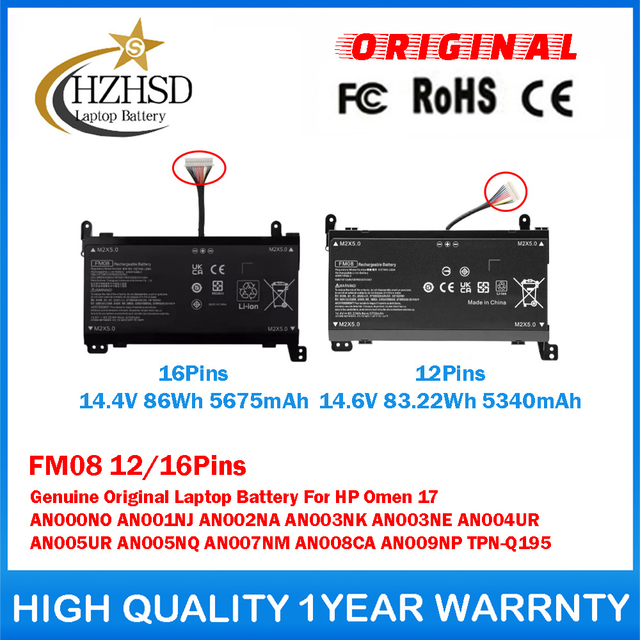 FM08 12/16Pins Genuine Original Laptop Battery For HP Omen 17 AN000NO AN001NJ AN002NA AN003NK AN003NE AN004UR AN005UR AN005NQ AN007NM AN008CA AN009NP TPN-Q195