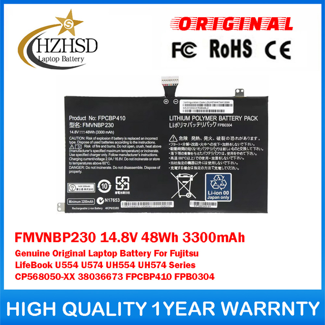 FMVNBP230 14.8V 48Wh 3300mAh Genuine Original Laptop Battery For Fujitsu LifeBook U554 U574 UH554 UH574 Series CP568050-XX 38036673 FPCBP410 FPB0304