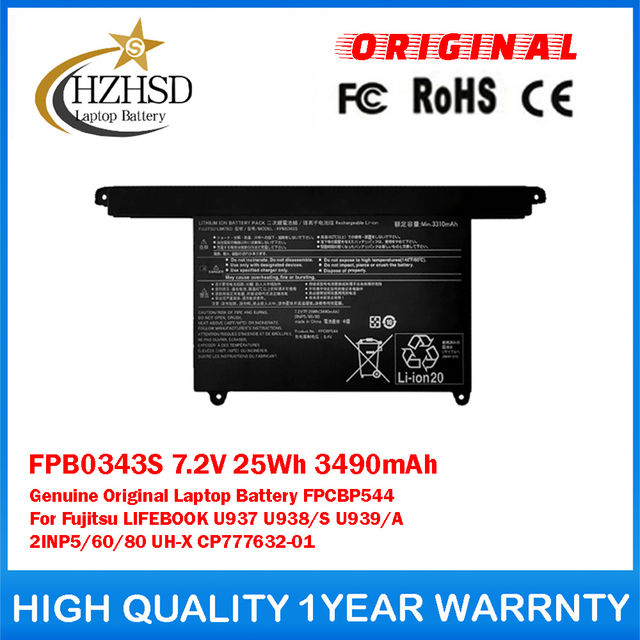 FPB0343S 7.2V 25Wh 3490mAh Genuine Original Laptop Battery FPCBP544 For Fujitsu LIFEBOOK U937 U938/S U939/A 2INP5/60/80 UH-X CP777632-01