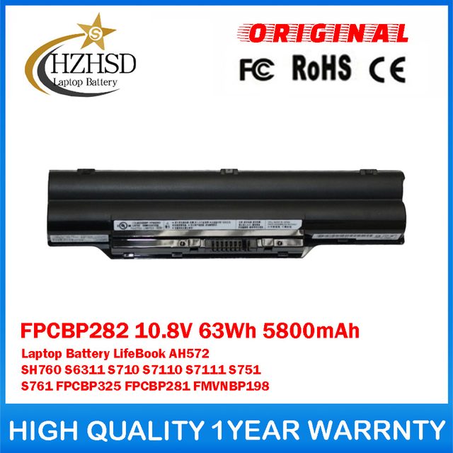 FPCBP282 10.8V 63Wh 5800mAh FPCBP325 FPCBP281 Genuine Original Laptop Battery For Fujitsu LifeBook AH572 SH760 S6311 S710 S7110 S7111 S751 S761 FMVNBP198