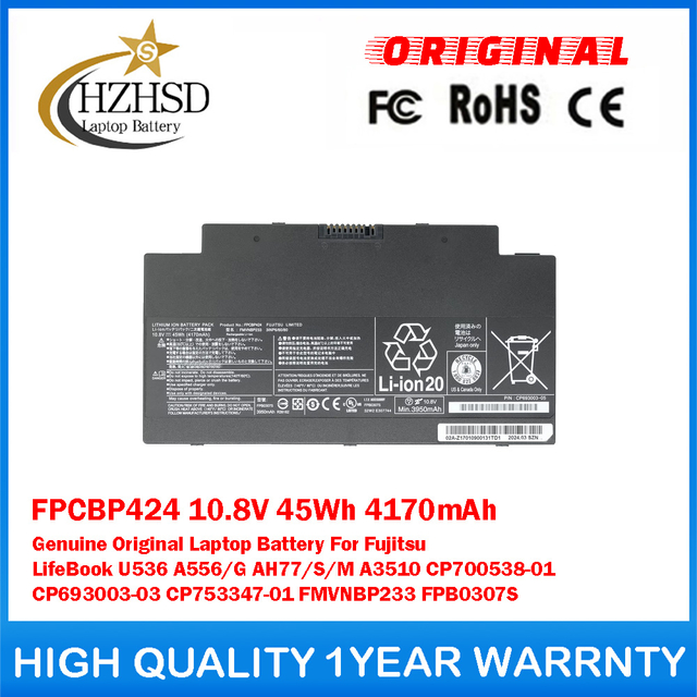 FPCBP424 10.8V 45Wh 4170mAh Genuine Original Laptop Battery For Fujitsu LifeBook U536 A556/G AH77/S/M A3510 CP700538-01 CP693003-03 CP753347-01 FMVNBP233 FPB0307S
