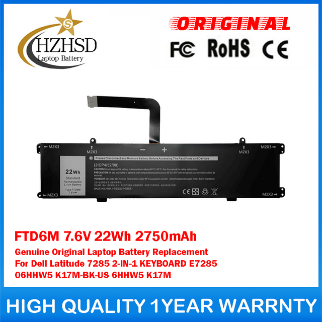 FTD6M 7.6V 22Wh 2750mAh Genuine Original Laptop Battery Replacement For Dell Latitude 7285 2-IN-1 KEYBOARD E7285 06HHW5 K17M-BK-US 6HHW5 K17M