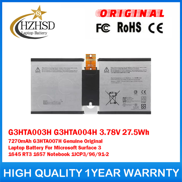 G3HTA003H G3HTA004H 3.78V 27.5Wh 7270mAh G3HTA007H Genuine Original Laptop Battery For Microsoft Surface 3 1645 RT3 1657 Notebook 1ICP3/96/91-2