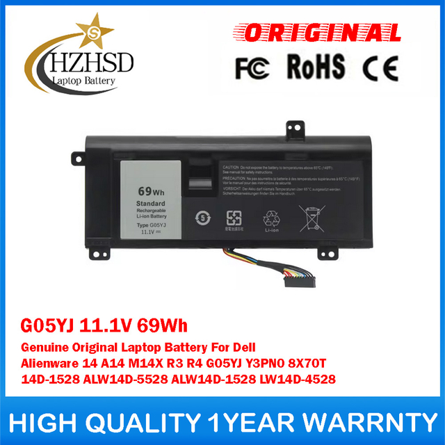 G05YJ 11.1V 69Wh Genuine Original Laptop Battery For Dell Alienware 14 A14 M14X R3 R4 G05YJ Y3PN0 8X70T 14D-1528 ALW14D-5528 ALW14D-1528 LW14D-4528