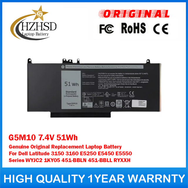 G5M10 7.4V 51Wh Genuine Original Replacement Laptop Battery For Dell Latitude 3150 3160 E5250 E5450 E5550 Series WYJC2 1KY05 451-BBLN 451-BBLL RYXXH