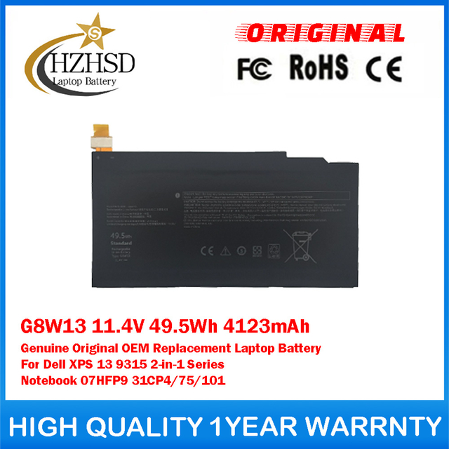 G8W13 11.4V 49.5Wh 4123mAh Genuine Original OEM Replacement Laptop Battery For Dell XPS 13 9315 2-in-1 Series Notebook 07HFP9 31CP4/75/101