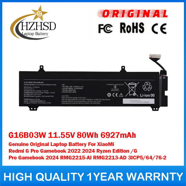 G16B03W 11.55V 80Wh 6927mAh Genuine Original Laptop Battery For XiaoMi Redmi G Pro Gamebook 2022 2024 Ryzen Edition /G Pro Gamebook 2024 RMG2215-AI RMG2213-AD 3ICP5/64/76-2