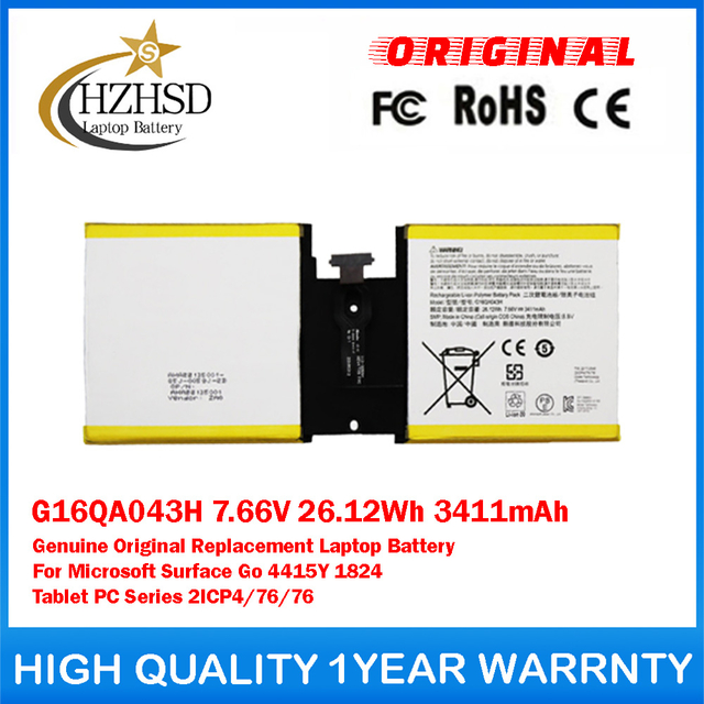 G16QA043H 7.66V 26.12Wh 3411mAh Genuine Original Replacement Laptop Battery For Microsoft Surface Go 4415Y 1824 Tablet PC Series 2ICP4/76/76