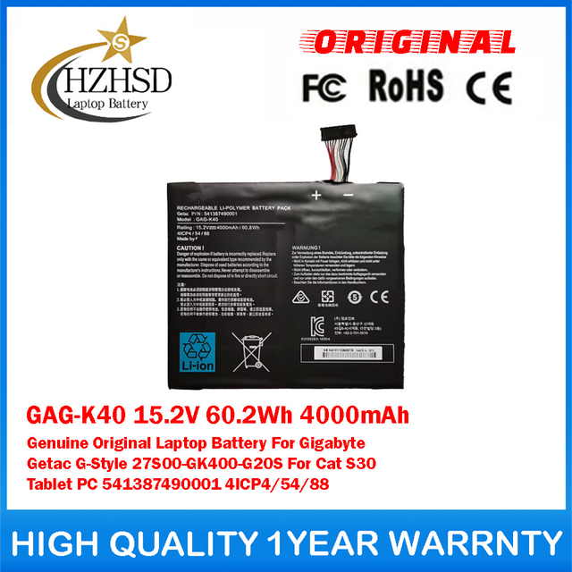 GAG-K40 15.2V 60.2Wh 4000mAh Genuine Original Laptop Battery For Gigabyte Getac G-Style 27S00-GK400-G20S For Cat S30 Tablet PC 541387490001 4ICP4/54/88