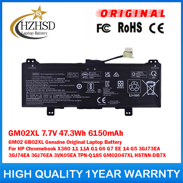 GM02XL 7.7V 47.3Wh 6150mAh GM02 GB02XL Genuine Original Laptop Battery For HP Chromebook X360 11 11A G1 G6 G7 EE 14 G5 3GJ73EA 3GJ74EA 3GJ76EA 3VK05EA TPN-Q185 GM02047XL HSTNN-DB7X
