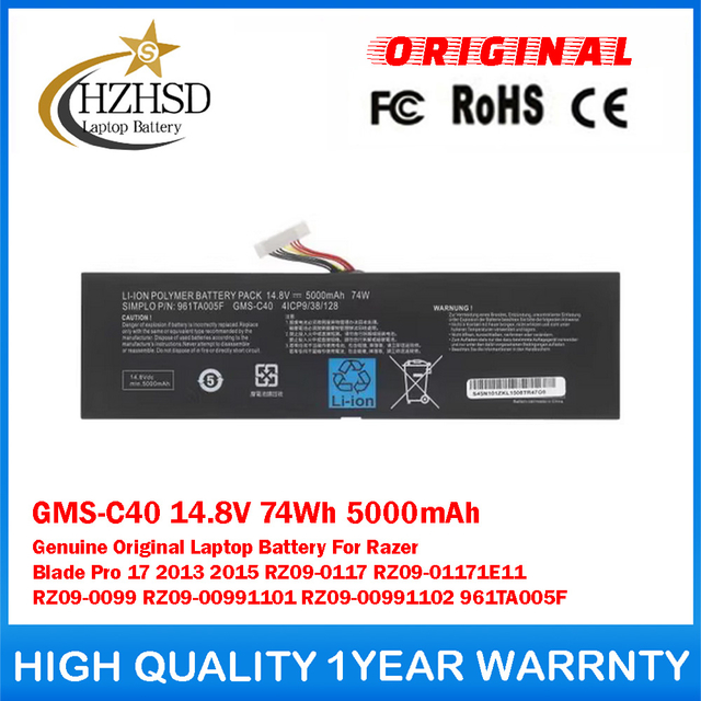 GMS-C40 14.8V 74Wh 5000mAh Genuine Original Laptop Battery For Razer Blade Pro 17 2013 2015 RZ09-0117 RZ09-01171E11 RZ09-0099 RZ09-00991101 RZ09-00991102 961TA005F