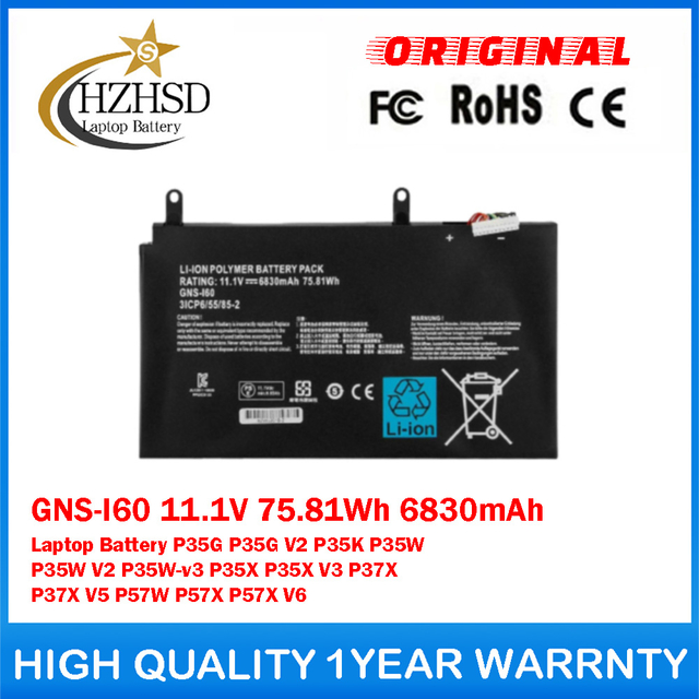 GNS-I60 11.1V 75.81Wh 6830mAh Genuine Original Laptop Battery For GIGABYTE P35G P35G V2 P35K P35W P35W V2 P35W-v3 P35X P35X V3 P37X P37X V5 P57W P57X P57X V6