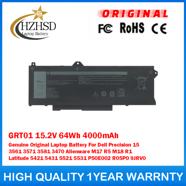 GRT01 15.2V 64Wh 4000mAh Genuine Original Laptop Battery For Dell Precision 15 3561 3571 3581 3470 Alienware M17 R5 M18 R1 Latitude 5421 5431 5521 5531 P50E002 R05P0 9JRV0