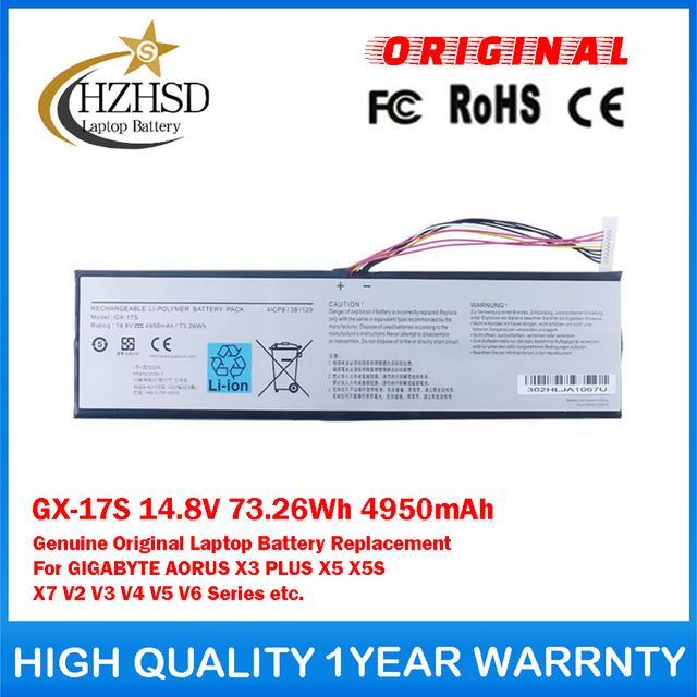 GX-17S 14.8V 73.26Wh 4950mAh Genuine Original Laptop Battery Replacement For GIGABYTE AORUS X3 PLUS X5 X5S X7 V2 V3 V4 V5 V6 Series etc.