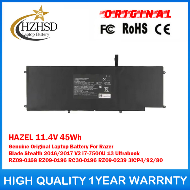 HAZEL 11.4V 45Wh Genuine Original Laptop Battery For Razer Blade Stealth 2016/2017 V2 i7-7500U 13 Ultrabook RZ09-0168 RZ09-0196 RC30-0196 RZ09-0239 3ICP4/92/80