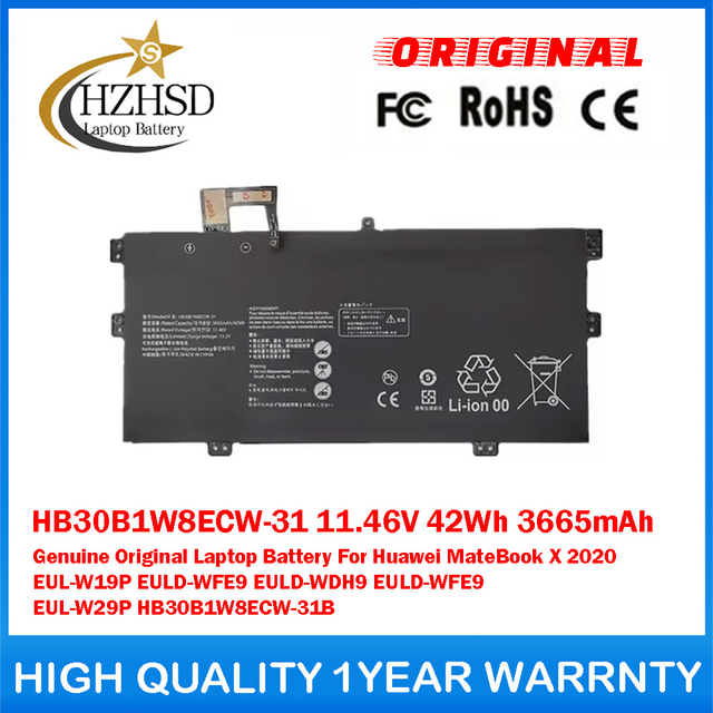 HB30B1W8ECW-31 11.46V 42Wh 3665mAh Genuine Original Laptop Battery For Huawei MateBook X 2020 EUL-W19P EULD-WFE9 EULD-WDH9/WFE9 EUL-W29P HB30B1W8ECW-31B