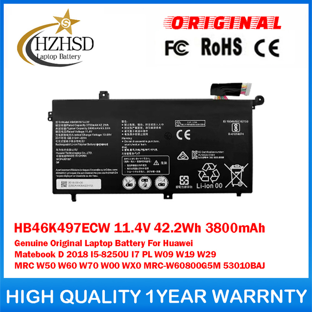 HB46K497ECW 11.4V 42.2Wh 3800mAh Genuine Original Laptop Battery For Huawei Matebook D 2018 I5-8250U I7 PL W09 W19 W29 MRC W50 W60 W70 W00 WX0 MRC-W60800G5M 53010BAJ