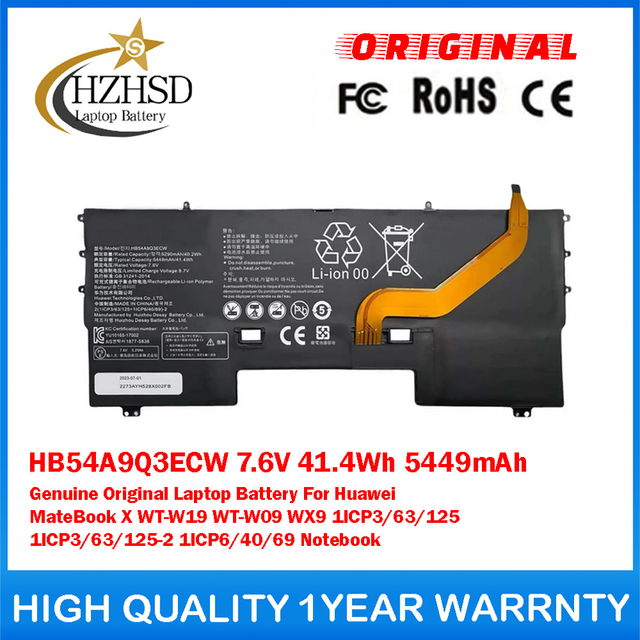 HB54A9Q3ECW 7.6V 41.4Wh 5449mAh Genuine Original Laptop Battery For Huawei MateBook X WT-W19 WT-W09 WX9 1ICP3/63/125 1ICP3/63/125-2 1ICP6/40/69 Notebook