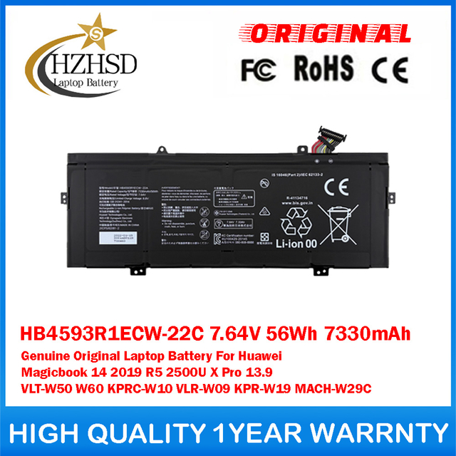 HB4593R1ECW-22C 7.64V 56Wh 7330mAh Genuine Original Laptop Battery For Huawei Magicbook 14 2019 R5 2500U X Pro 13.9 VLT-W50 W60 KPRC-W10 VLR-W09 KPR-W19 MACH-W29C