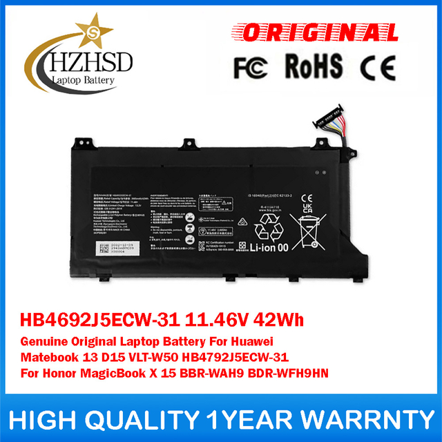 HB4692J5ECW-31 11.46V 42Wh Genuine Original Laptop Battery For Huawei Matebook 13 D15 VLT-W50 HB4792J5ECW-31 For Honor MagicBook X 15 BBR-WAH9 BDR-WFH9HN