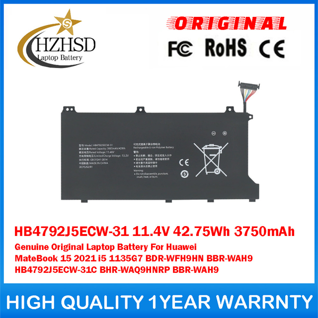 HB4792J5ECW-31 11.4V 42.75Wh 3750mAh Genuine Original Laptop Battery For Huawei MateBook 15 2021 i5 1135G7 BDR-WFH9HN BBR-WAH9 HB4792J5ECW-31C BHR-WAQ9HNRP BBR-WAH9
